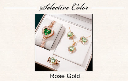 Emerald Heart Collection: Elegant 5-Piece Jewelry & Watch Set in Sparkling Green