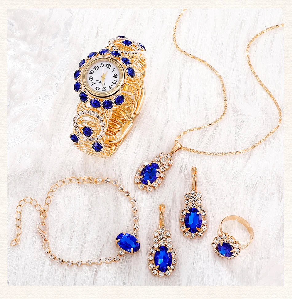 Sapphire Radiance: 6-Piece Jewelry & Watch Set in Royal Blue & Gold
