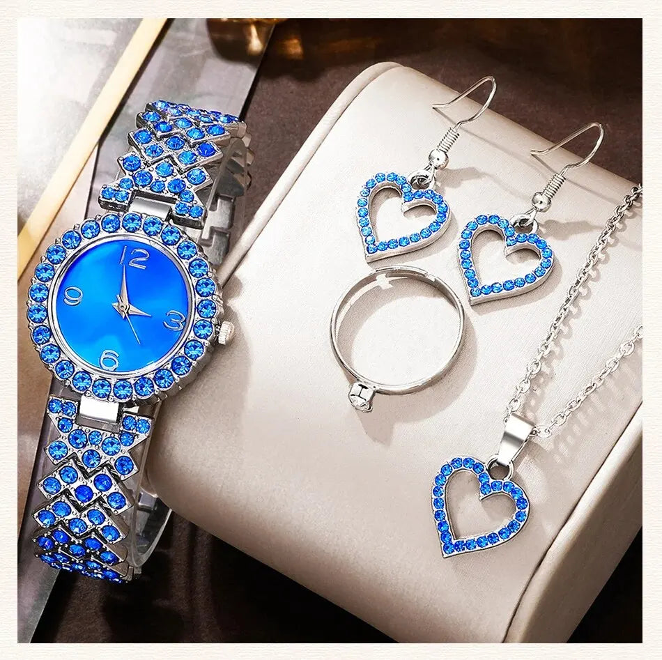 Sparkling Elevated Sapphire Heart Collection: Blue Crystal Watch & Jewelry Set