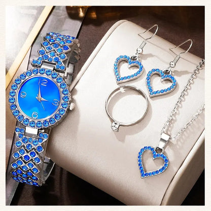 Sparkling Elevated Sapphire Heart Collection: Blue Crystal Watch & Jewelry Set