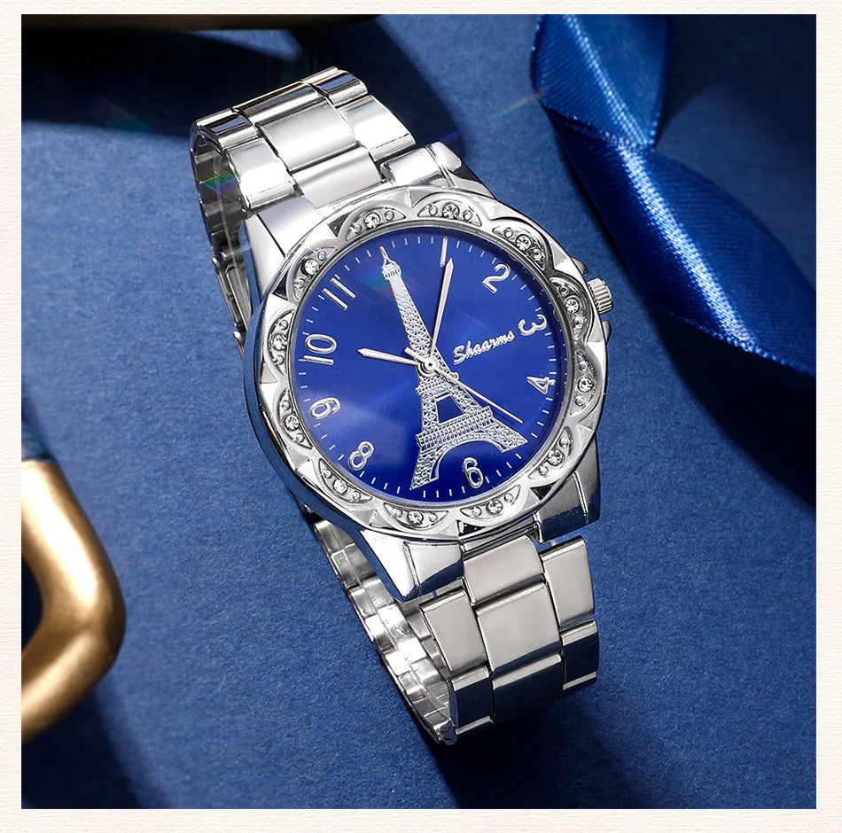 Parisian Dream Collection: Eiffel Tower Watch & Blue Heart Jewelry Set
