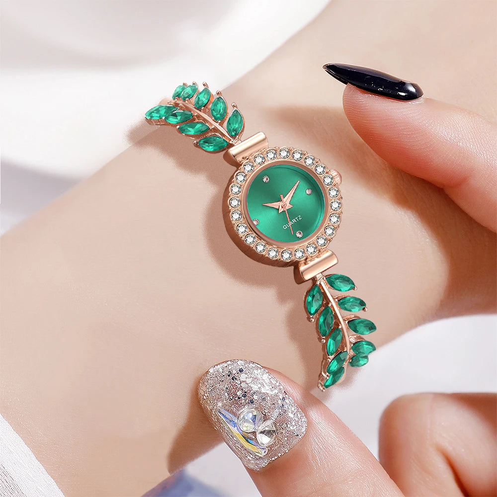 Emerald Glow Women’s 6-Piece Watch & Jewelry Set – Perfect Gift for Her
