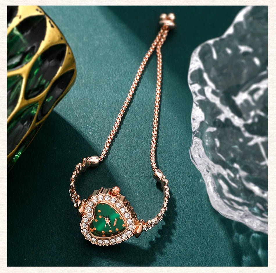 Emerald Heart Collection: Elegant 5-Piece Jewelry & Watch Set in Sparkling Green