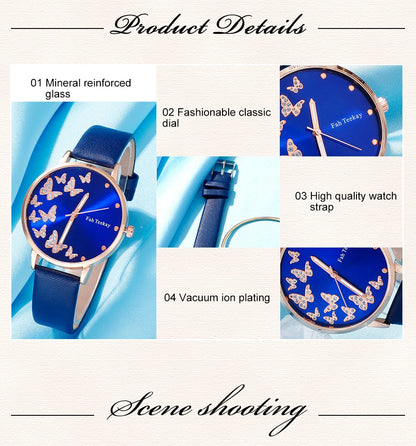 Blue Butterfly Quartz Watch & Gold Bracelet Set for Women – Elegant 6-Piece Jewelry Collection