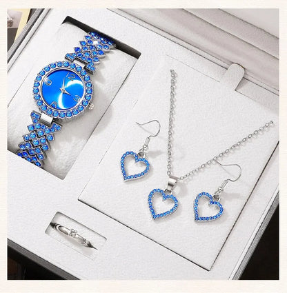 Sparkling Elevated Sapphire Heart Collection: Blue Crystal Watch & Jewelry Set