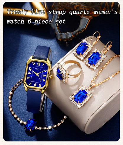 Royal Collection Blue Red Black: Elegant 6-Piece Jewelry & Watch Set with Blue Leather Band