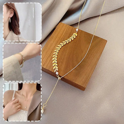 Golden Wheat Leaf Jewelry Set: Necklace, Bracelet & Earrings