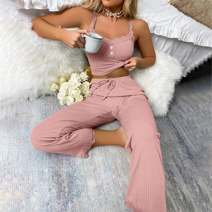 Elegant Ribbed Knit 2-Piece Lounge Set – Soft Sleeveless Cami & Wide-Leg Pants