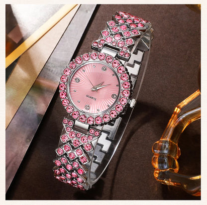 Sparkling Heart Glamour Collection: 5-Piece Pink Crystal Jewelry & Watch Set