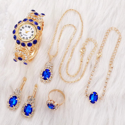 Sapphire Radiance: 6-Piece Jewelry & Watch Set in Royal Blue & Gold