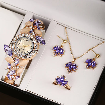 Floral Elegance Jewelry & Watch Set: Timeless Beauty in Red