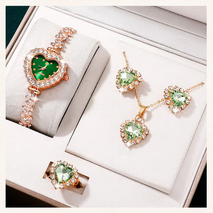 Emerald Heart Collection: Elegant 5-Piece Jewelry & Watch Set in Sparkling Green