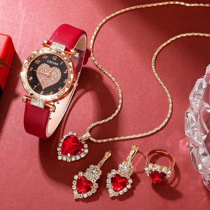 Heart Luxe Collection: Romantic 5-Piece Jewelry & Watch Set in Radiant Red