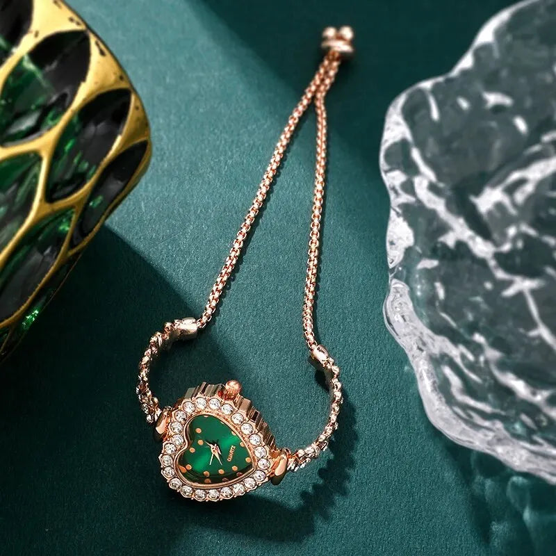 Emerald Heart Collection: Elegant 5-Piece Jewelry & Watch Set in Sparkling Green
