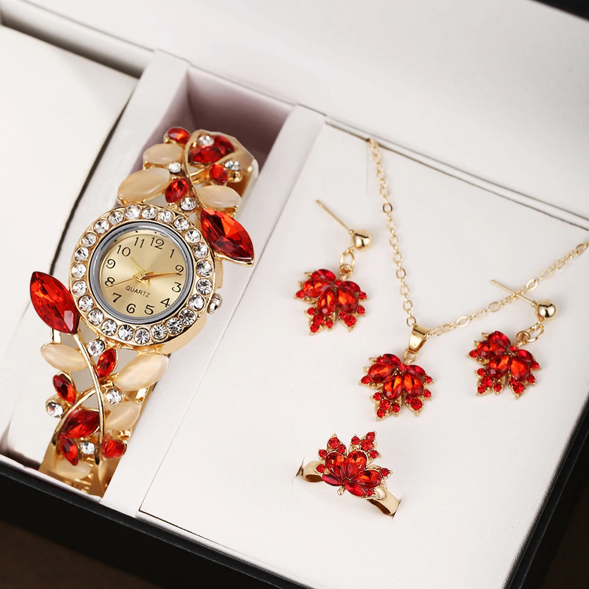 Floral Elegance Jewelry & Watch Set: Timeless Beauty in Red