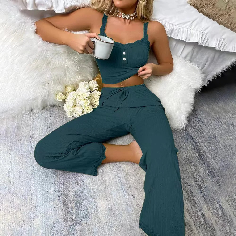 Elegant Ribbed Knit 2-Piece Lounge Set – Soft Sleeveless Cami & Wide-Leg Pants