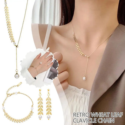 Golden Wheat Leaf Jewelry Set: Necklace, Bracelet & Earrings