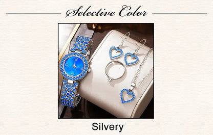 Sparkling Elevated Sapphire Heart Collection: Blue Crystal Watch & Jewelry Set