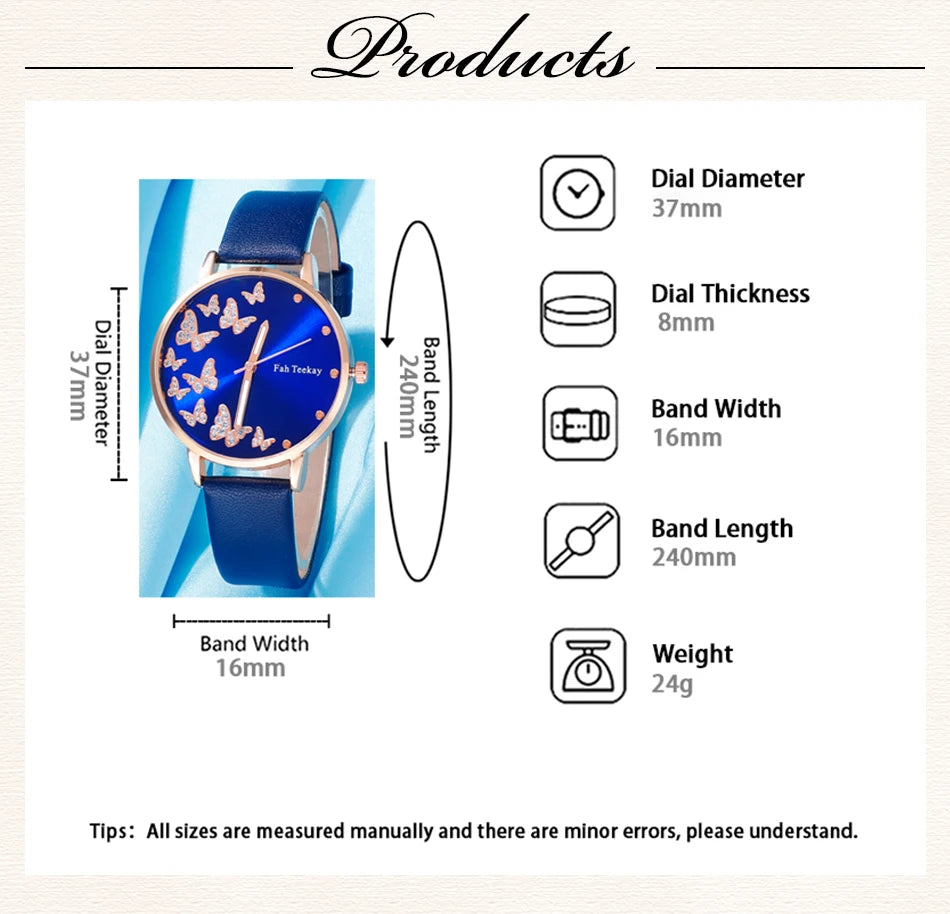 Blue Butterfly Quartz Watch & Gold Bracelet Set for Women – Elegant 6-Piece Jewelry Collection