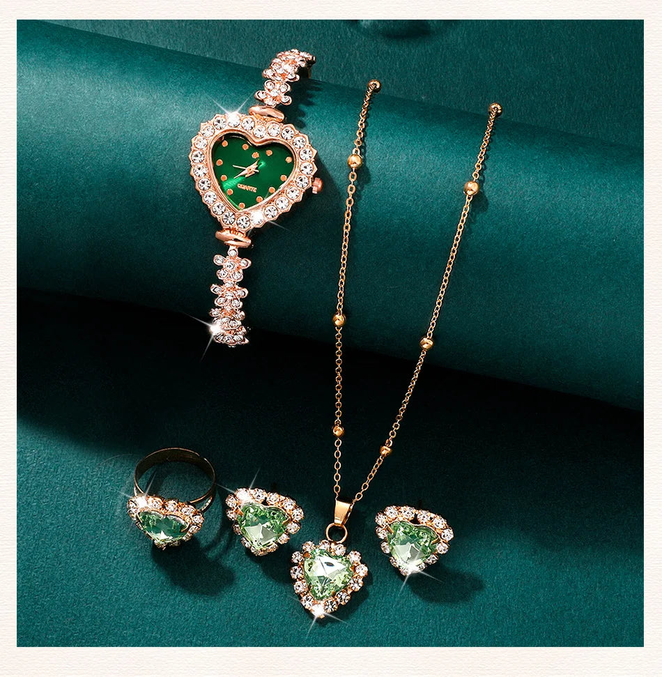 Emerald Heart Collection: Elegant 5-Piece Jewelry & Watch Set in Sparkling Green