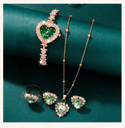 Emerald Heart Collection: Elegant 5-Piece Jewelry & Watch Set in Sparkling Green