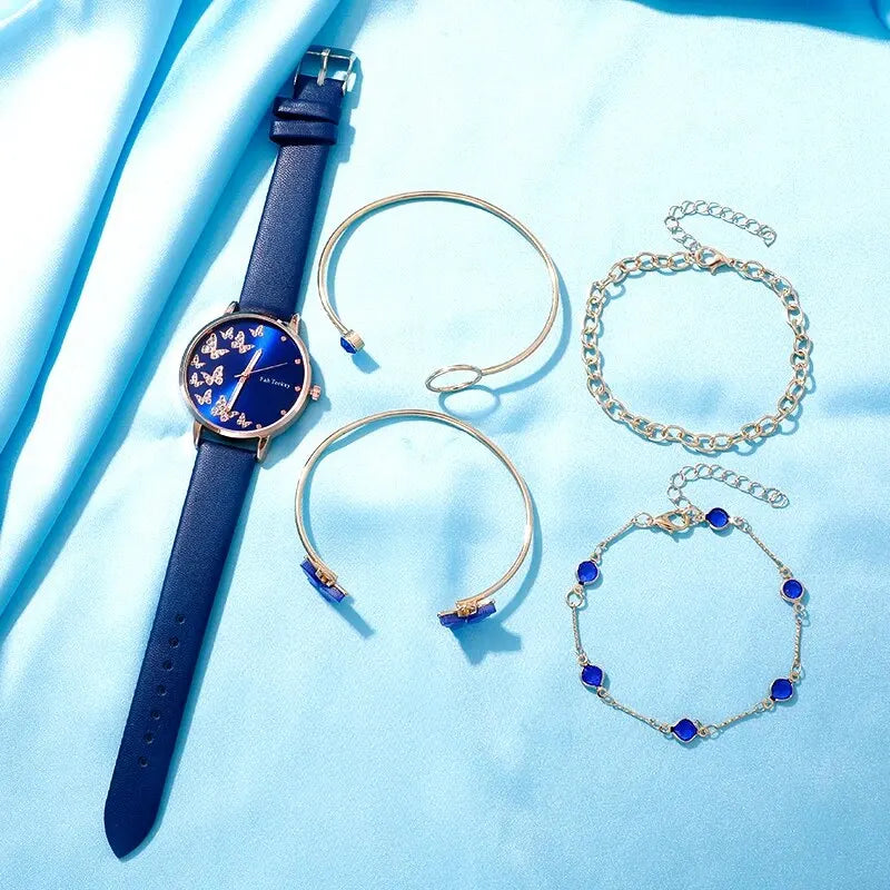 Blue Butterfly Quartz Watch & Gold Bracelet Set for Women – Elegant 6-Piece Jewelry Collection