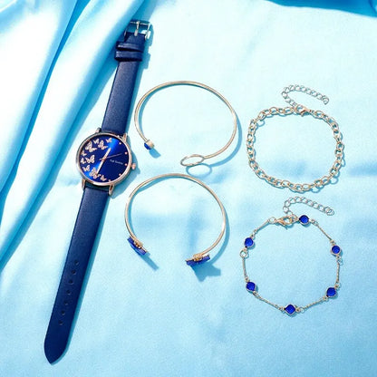 Blue Butterfly Quartz Watch & Gold Bracelet Set for Women – Elegant 6-Piece Jewelry Collection