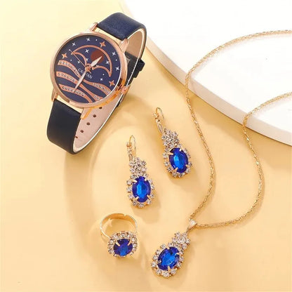 Celestial Blue Collection: 5-Piece Moonlight Jewelry & Watch Set with Sapphire Accents