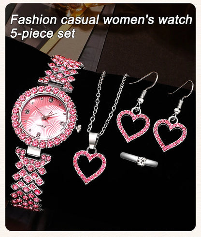 Sparkling Heart Glamour Collection: 5-Piece Pink Crystal Jewelry & Watch Set