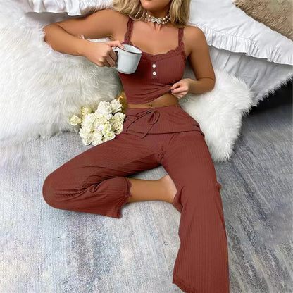 Elegant Ribbed Knit 2-Piece Lounge Set – Soft Sleeveless Cami & Wide-Leg Pants