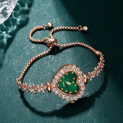 Emerald Heart Collection: Elegant 5-Piece Jewelry & Watch Set in Sparkling Green