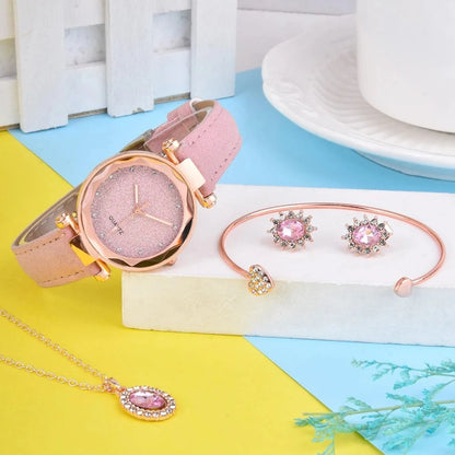 Rose & Purple Elegance: 5-Piece Luxury Watch & Jewelry Gift Set