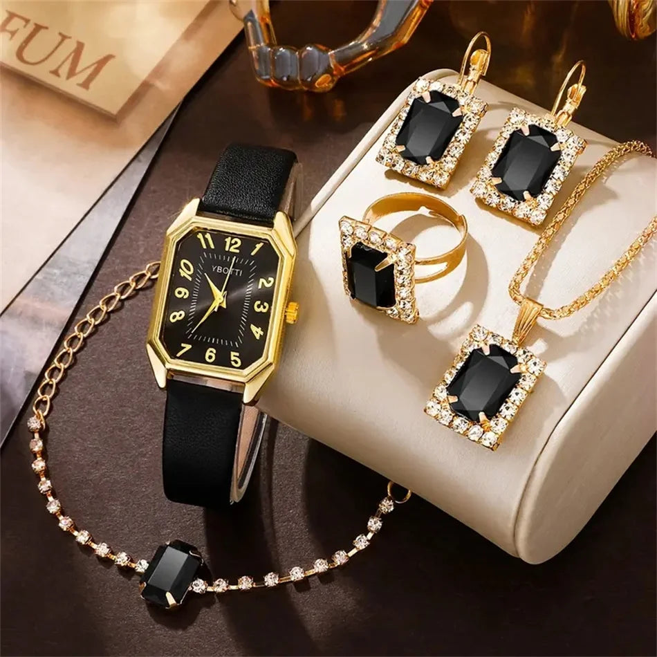 Royal Collection Blue Red Black: Elegant 6-Piece Jewelry & Watch Set with Blue Leather Band