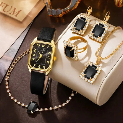Royal Collection Blue Red Black: Elegant 6-Piece Jewelry & Watch Set with Blue Leather Band