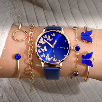 Blue Butterfly Quartz Watch & Gold Bracelet Set for Women – Elegant 6-Piece Jewelry Collection