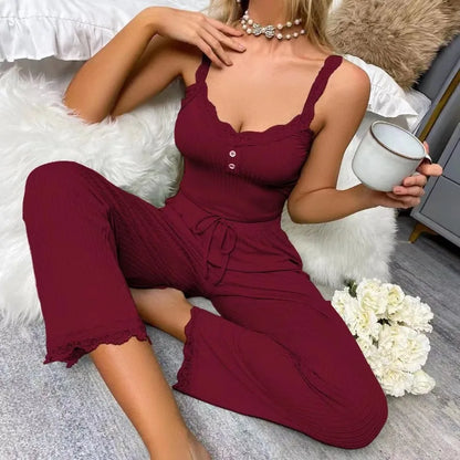 Elegant Ribbed Knit 2-Piece Lounge Set – Soft Sleeveless Cami & Wide-Leg Pants
