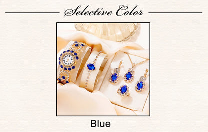 Sapphire Radiance: 6-Piece Jewelry & Watch Set in Royal Blue & Gold