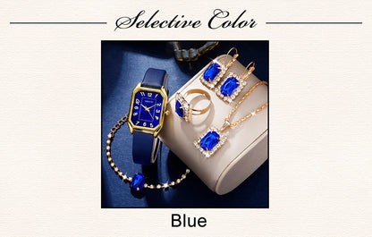 Royal Collection Blue Red Black: Elegant 6-Piece Jewelry & Watch Set with Blue Leather Band