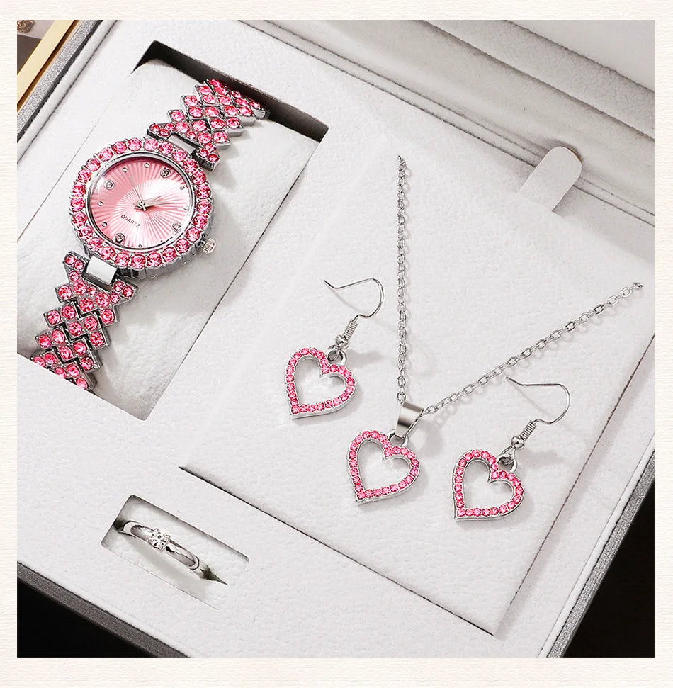 Sparkling Heart Glamour Collection: 5-Piece Pink Crystal Jewelry & Watch Set