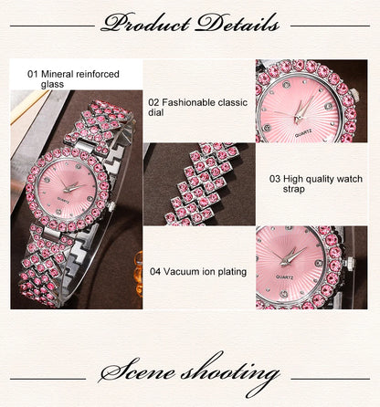 Sparkling Heart Glamour Collection: 5-Piece Pink Crystal Jewelry & Watch Set