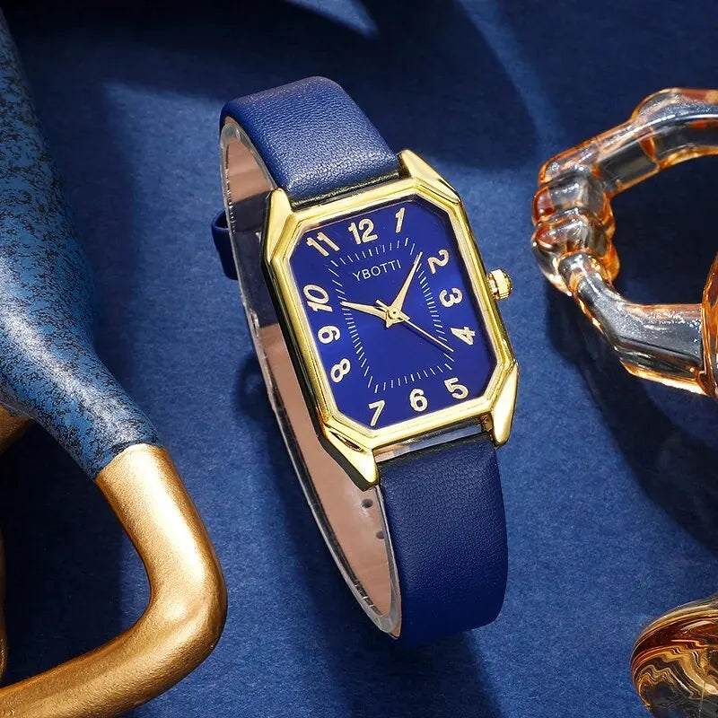 Royal Collection Blue Red Black: Elegant 6-Piece Jewelry & Watch Set with Blue Leather Band