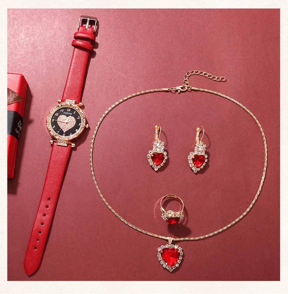 Heart Luxe Collection: Romantic 5-Piece Jewelry & Watch Set in Radiant Red