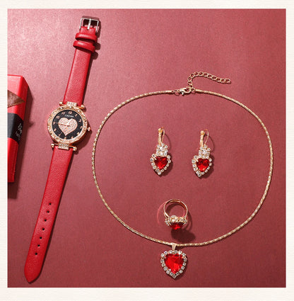 Heart Luxe Collection: Romantic 5-Piece Jewelry & Watch Set in Radiant Red