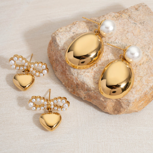 Golden Pearl & Heart Bow Earrings – Timeless Elegance for Every Occasion
