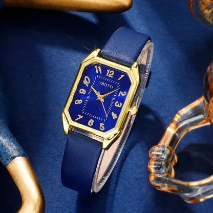 Royal Collection Blue Red Black: Elegant 6-Piece Jewelry & Watch Set with Blue Leather Band