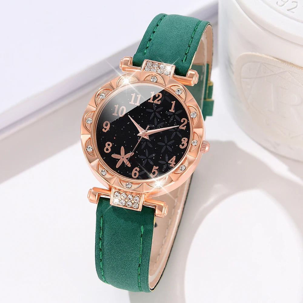 Ladies Green Watch 6PCS/Set Starfish Element Starry Sky Dial Quartz Wristwatch Frosted Strap Watch Jewelry Set Gift For Mom