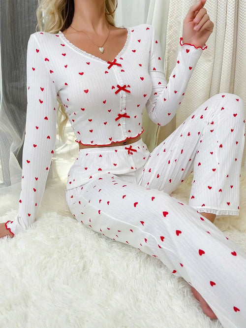 Romantic Heart-Print Pajama Set – Soft & Elegant Sleepwear