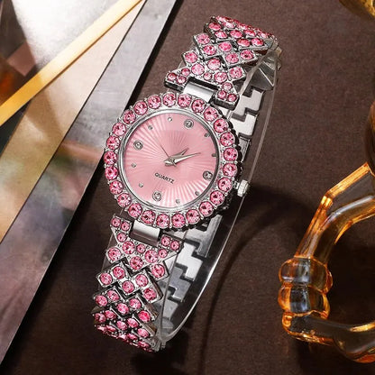 Sparkling Heart Glamour Collection: 5-Piece Pink Crystal Jewelry & Watch Set