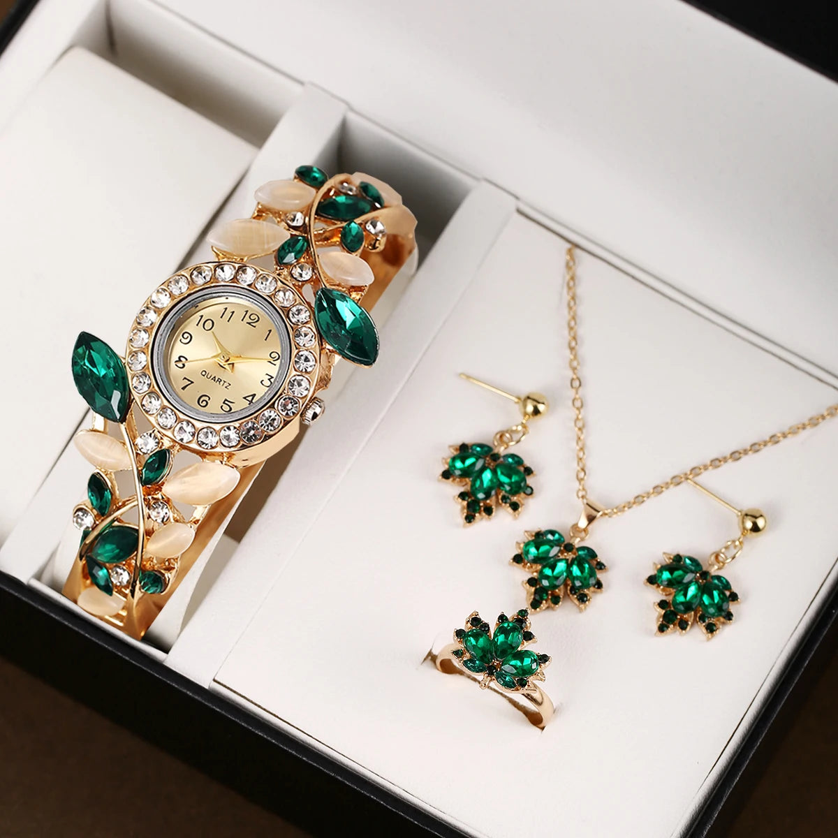 Floral Elegance Jewelry & Watch Set: Timeless Beauty in Red