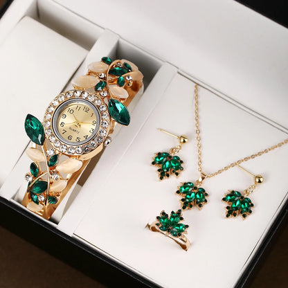 Floral Elegance Jewelry & Watch Set: Timeless Beauty in Red